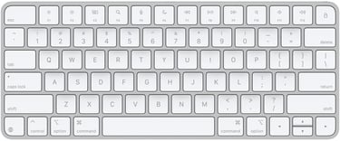 Top view of a silver Apple Magic Keyboard with white keys and compact wireless design.