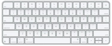 Top view of a silver wireless Apple Magic Keyboard with white keys and compact layout.