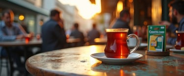 a cup of tea on a table with people in the background