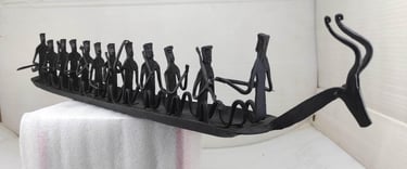 "Handcrafted Bastar Iron Boat Sculpture with Deer Head and 10 Tribal Figures – Right Side View-Suitable for export