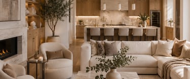 Modern luxury open concept living room and kitchen with marble fireplace and neutral furniture.