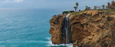 Lower Duden Waterfall flows into the Mediterranean Sea in Antalya, Turkey