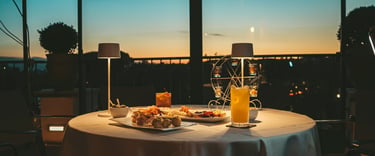 Romantic dinner on the sunset terrace with European cuisine
