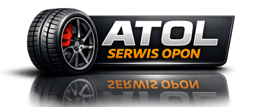 Atol Serwis Opon logo featuring a car wheel with performance tire and red brake caliper on a black background.