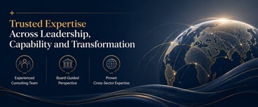 Corporate banner for leadership and transformation services featuring a glowing digital globe and consulting icons.