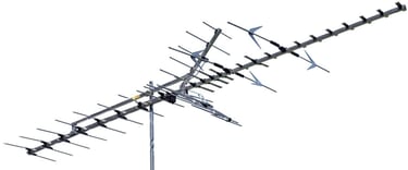 A high-gain outdoor digital TV antenna with long range Yagi design for UHF and VHF signal reception.