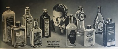 Vintage advertisement showing a man with various bottles of 1940s hair tonic and shampoo products.