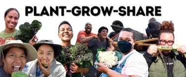 Diverse community gardeners holding fresh produce under a Plant-Grow-Share banner for urban agriculture.