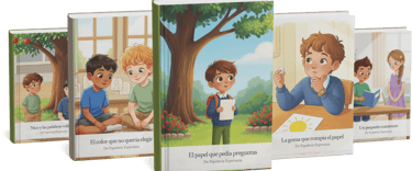 Collection of five illustrated children's books in Spanish from Papeleria Esperanza featuring colorful stories.