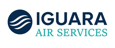 Iguara Air Services logo featuring dark blue text and a circular wave icon for aviation and travel.