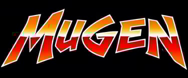 Stylized MUGEN logo with bold gradient letters transitioning from orange to red, outlined in white, set against a contrasting