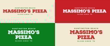 Massimo’s Pizza rebrand logos in red, green, and beige color variations.