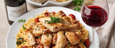 A cozy home kitchen scene with a rustic wooden table set for a Saturday night dinner, featuring a creamy chicken dish, fresh salad, and soft candlelight.