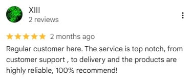 A 5-star Google review praising top-notch customer support, delivery, and reliable products.