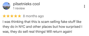 A positive five-star customer testimonial review about authentic products and genuine shopping experience.