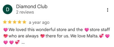 Five-star Google review for Diamond Club Malta praising the wonderful store and staff.