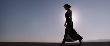 a woman in a long dress walking on a beach
