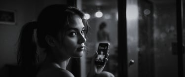 a woman with a cell phone in a black and white photo