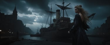 a woman in a black dress standing in front of a ship