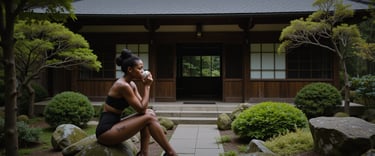 a woman sitting on a rock in a japanese style house