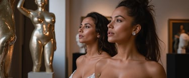 two women standing in front of a statue of a man