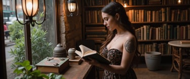 a woman is reading a book in a library