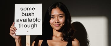 a woman holding a sign that says some bush available though