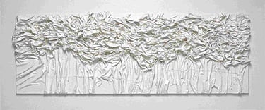 Textured white mixed media canvas art featuring crumpled fabric depicting a monochromatic forest scene.