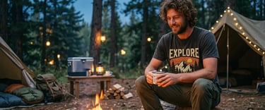 Person relaxing at campfire in graphic tee at RV campsite at dusk — Horacio & Visconti