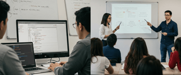 Split screen showing a technical interview preparation course and behavioral interview training