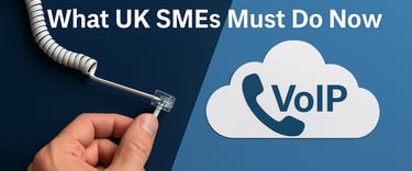 Illustration of BT PSTN switch-off 2027 with UK SMEs migrating to cloud telephony