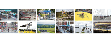 a collage of pictures of great major events, with big spectator crowds