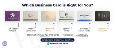 Business card printing UAE — matte laminated, gold foil, spot UV business cards by Printezar Studio 