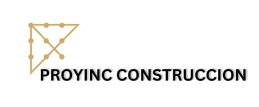 Proyinc Construccion logo with a gold geometric blueprint icon and bold black text.