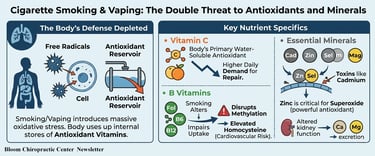 Infographic explaining how cigarette smoking and vaping deplete antioxidants, vitamins, and minerals in the body.