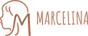 Marcelina brand logo featuring a stylized profile of a girl's face and a letter M in rose gold.