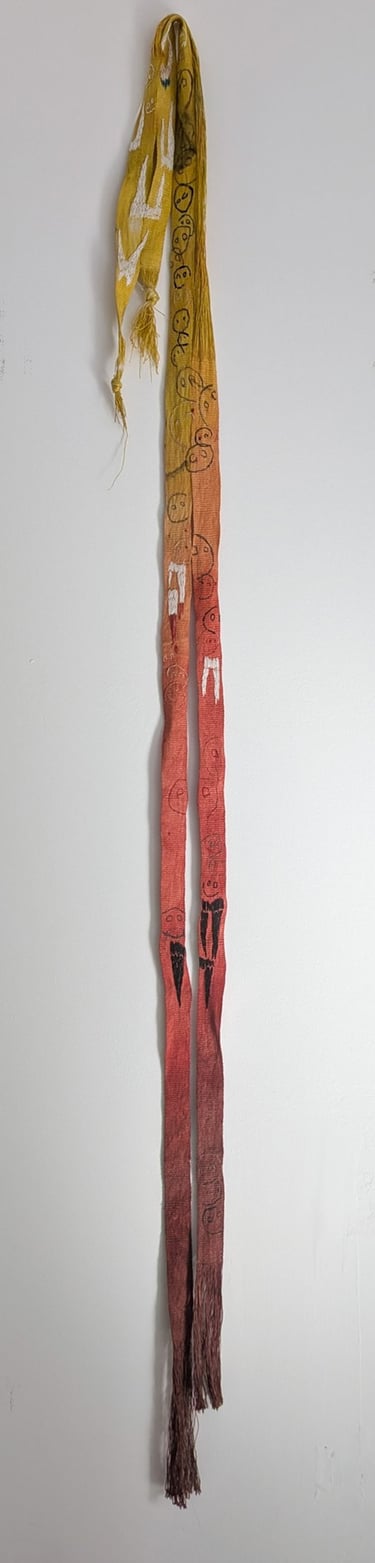 karine-nguyen-van-tham-La riviere aux ancetres, broderies sur ruban tissés en lin, 250x8 cm