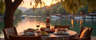 a table with a wine glass and a bottle of wine near Dalyan channel