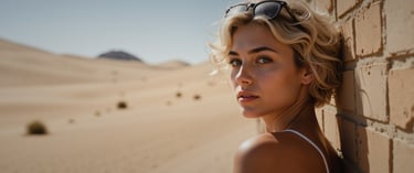 a woman with blonde hair and sunglasses on a desert
