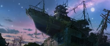 screenshot from suzume, a boat rests on a house in the ever-after