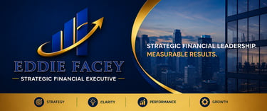 Eddie Facey strategic financial executive banner with a growth chart logo over a city skyline background.