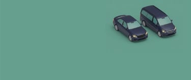Isometric 3D illustration of a blue sedan and minivan on a teal background. The fleet.