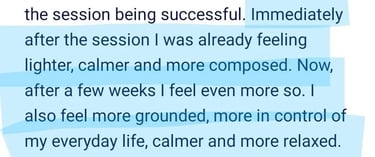 Client testimonial describing feeling immediately lighter, calmer and more composed after RTT