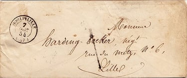 1854: Lettre de MOULINLILLE pour LILLE. Taxe "1" décime de fabrication locale.
