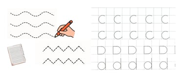 Scheda di pregrafismo con linee tratteggiate e lettere da ricalcare per bambini