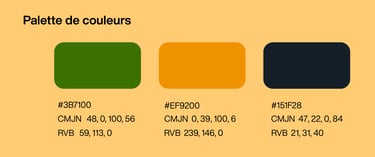 Palette de couleurs avec des codes hexadécatif, CMJN et RVB.