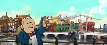 a cartoonish looking man in a suit and bow tie