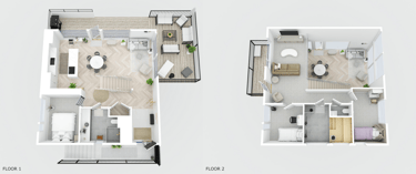 PLUS 3D floor plan of floors 1 and 2 with realistic materials and furniture.