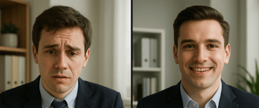 showing a split-screen of a nervous interviewee vs. confident interviewee