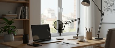 Professional Remote Interview Environment, computer on desk with mic and light